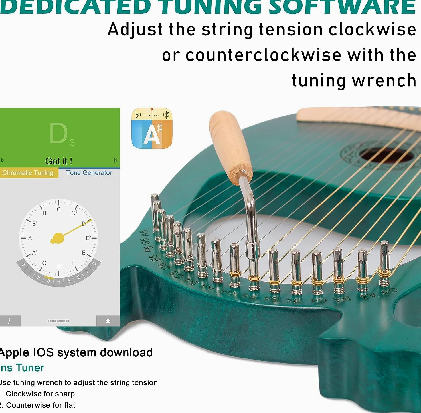 Arpa Lira de 16 Cuerdas Arpa de Madera Lyre Harp con llave de Afinación y Bolsa Negra instrumento lira, Verde, Cornamenta