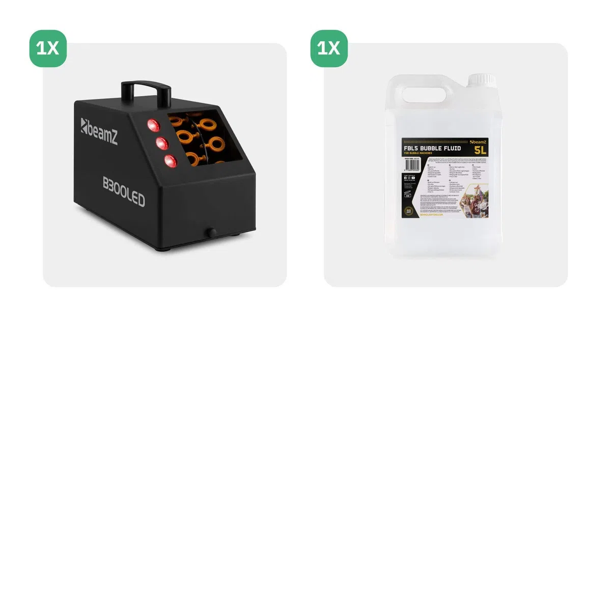 BeamZ B300LED - Máquina de Burbujas LED RGB con 5L líquido incluida, Ligera, portátil, depósito 700ml, Mando a Distancia, Potente Ventilador, para Fiestas temáticas y Eventos al Aire Libre
