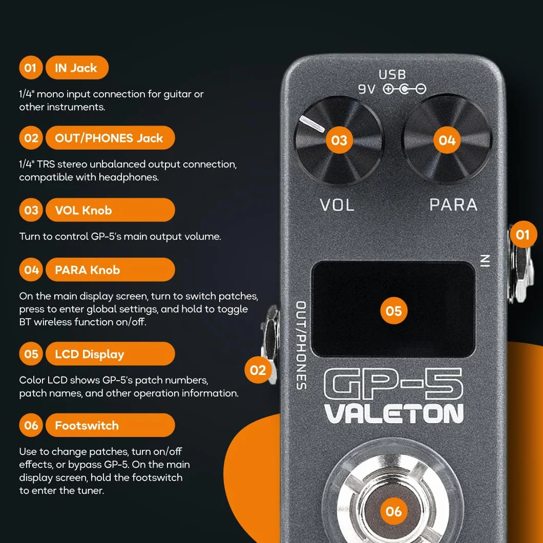 Valeton Pedalera Procesador Compacto Multiefectos GP-5 - SnapTone y Cargador IR, más de 100 Efectos, Bluetooth, Interfaz de Audio USB
