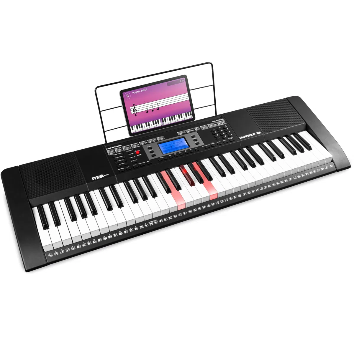 MAX Rhapsody61L Piano electrónico 61 teclas iluminadas - 600 sonidos y ritmos, pantalla LCD, función de aprendizaje, altavoces, MIDI, toma de auriculares - Perfecto para principiantes y profesionales