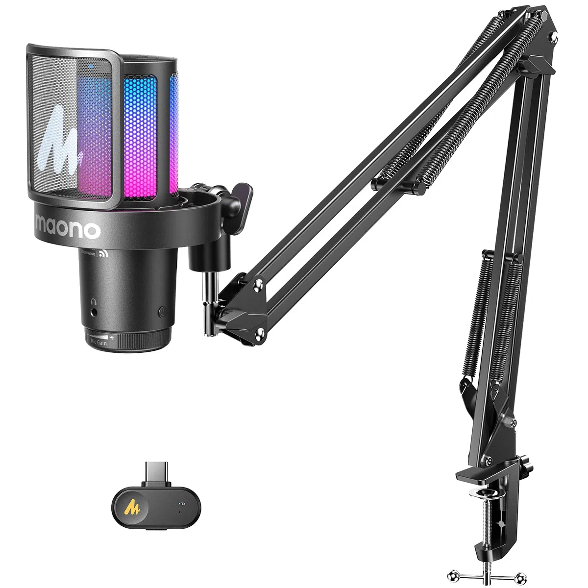 MAONO DGM20WS Micrófono Inalámbrico para PC, Micrófono USB de Condensador con Brazo para Gaming y Streaming, Reducción Ruido Táctil, Mute Rápido, Control Ganancia, RGB, Compatible PS5 Twitch Discord