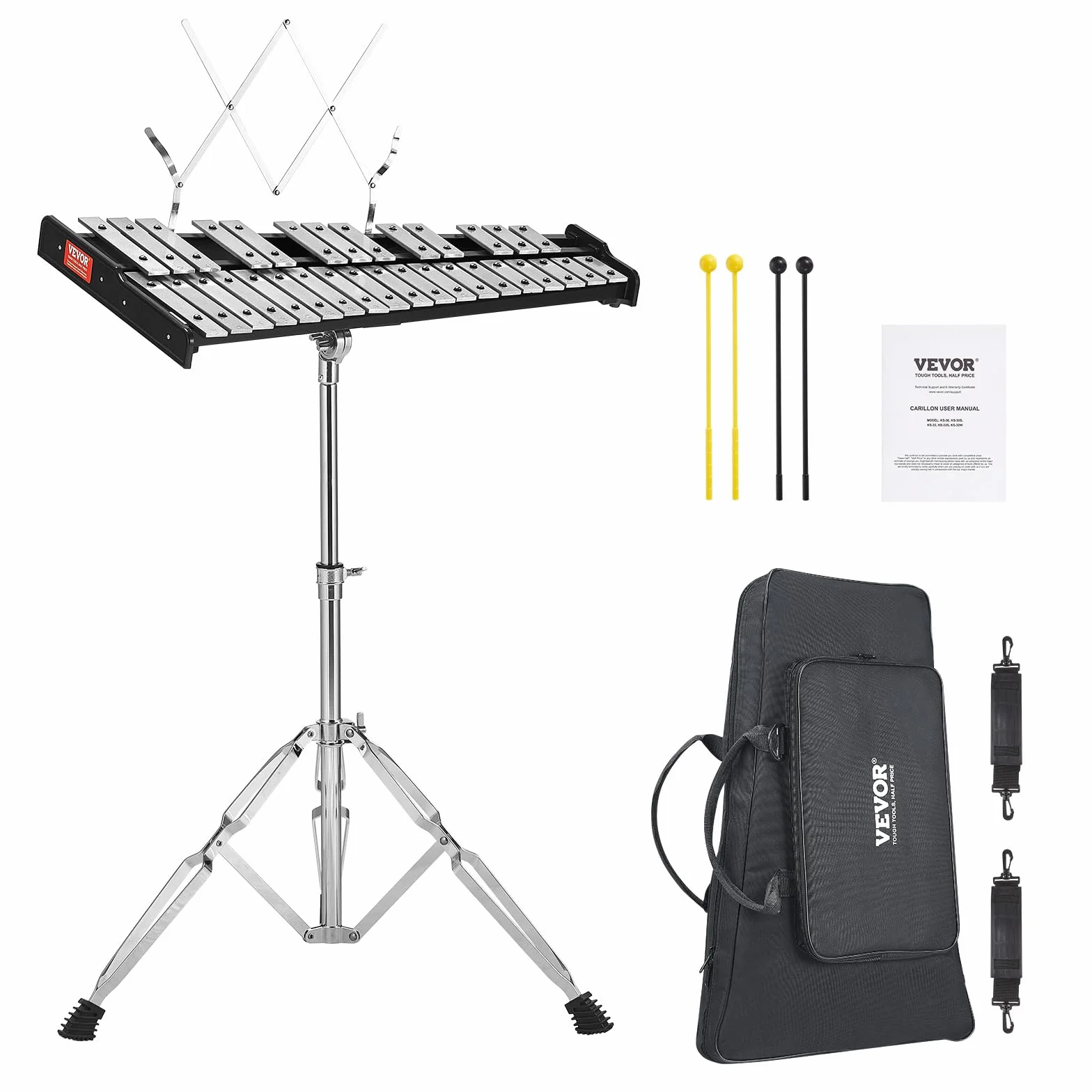 VEVOR Kit de campana de xilófono Glockenspiel de 32 notas, juego de instrumentos de percusión profesional con mazos, baquetas, atril, soporte ajustable y bolsa de transporte para estudiantes y adultos