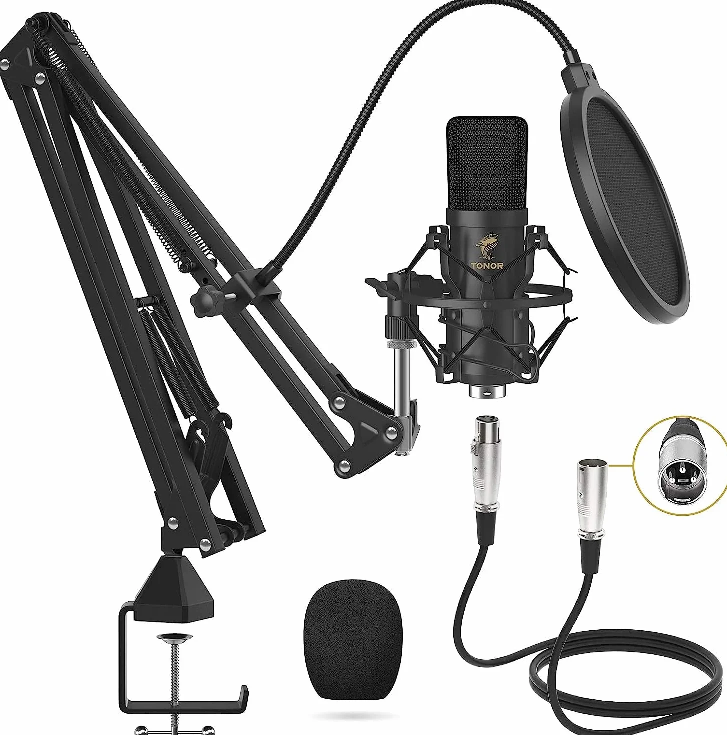 TONOR Micrófono de Condensador, Kit Micrófono Profesional Cardioide Estudio XLR Brazo, Soporte Amortiguador, Filtro Antipop Grabación, Podcast, Locución, Emisión, Home Studio, Youtube, TC20