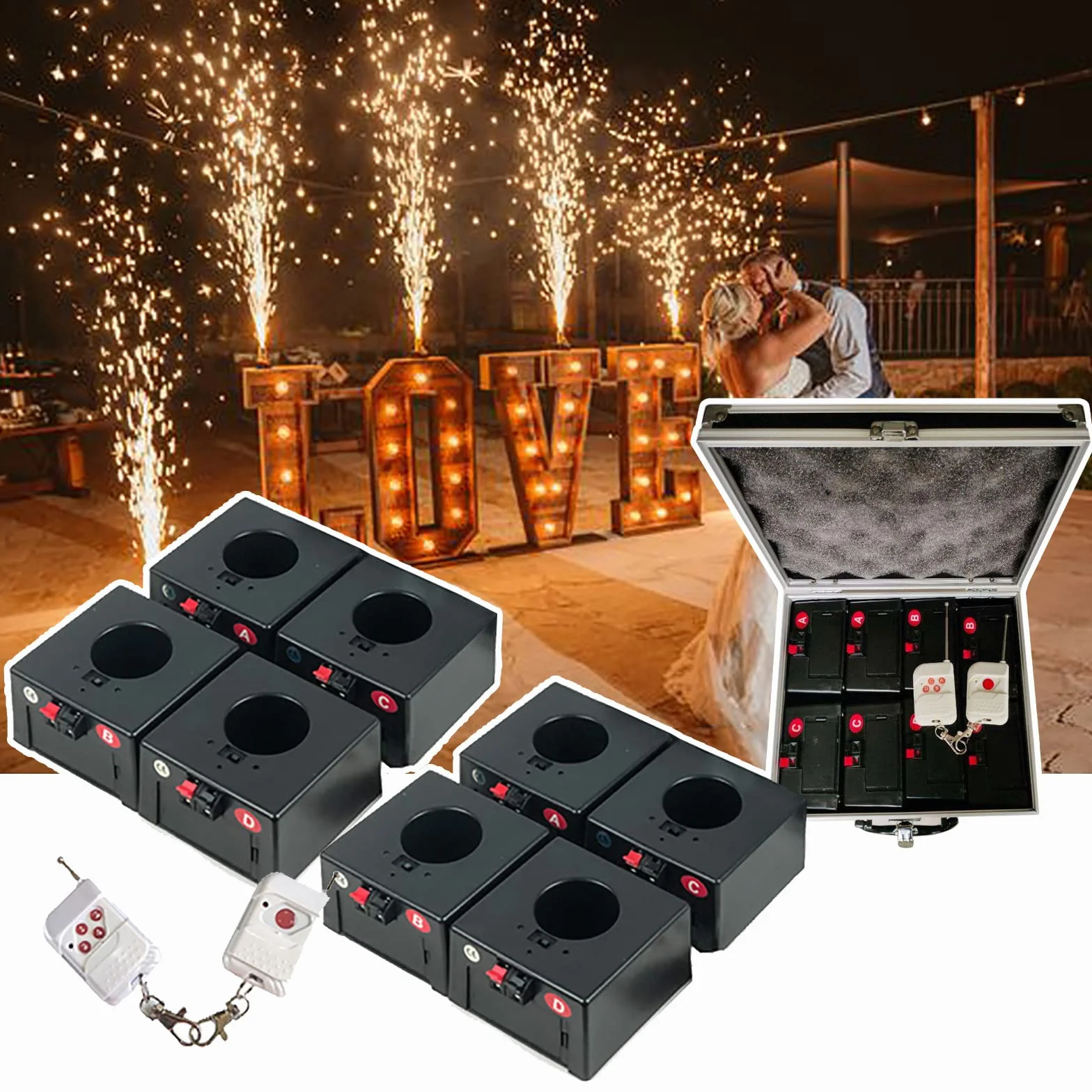 Máquina de encendido de fuegos artificiales fríos (8 unidades) con funda protectora + 2 mandos a distancia, sistema de control remoto inalámbrico, para escenario de bodas