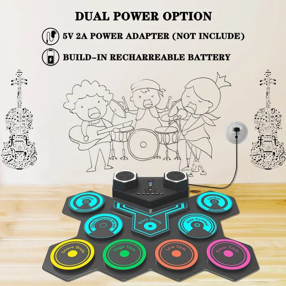 Batería Electrónica Portátil - CNAPXAIA Bateria Niños con Altavoces Estéreo Incorporados, Set de Batería Eléctrica de Silicona de 9 Pads para Niños Adultos Principiantes