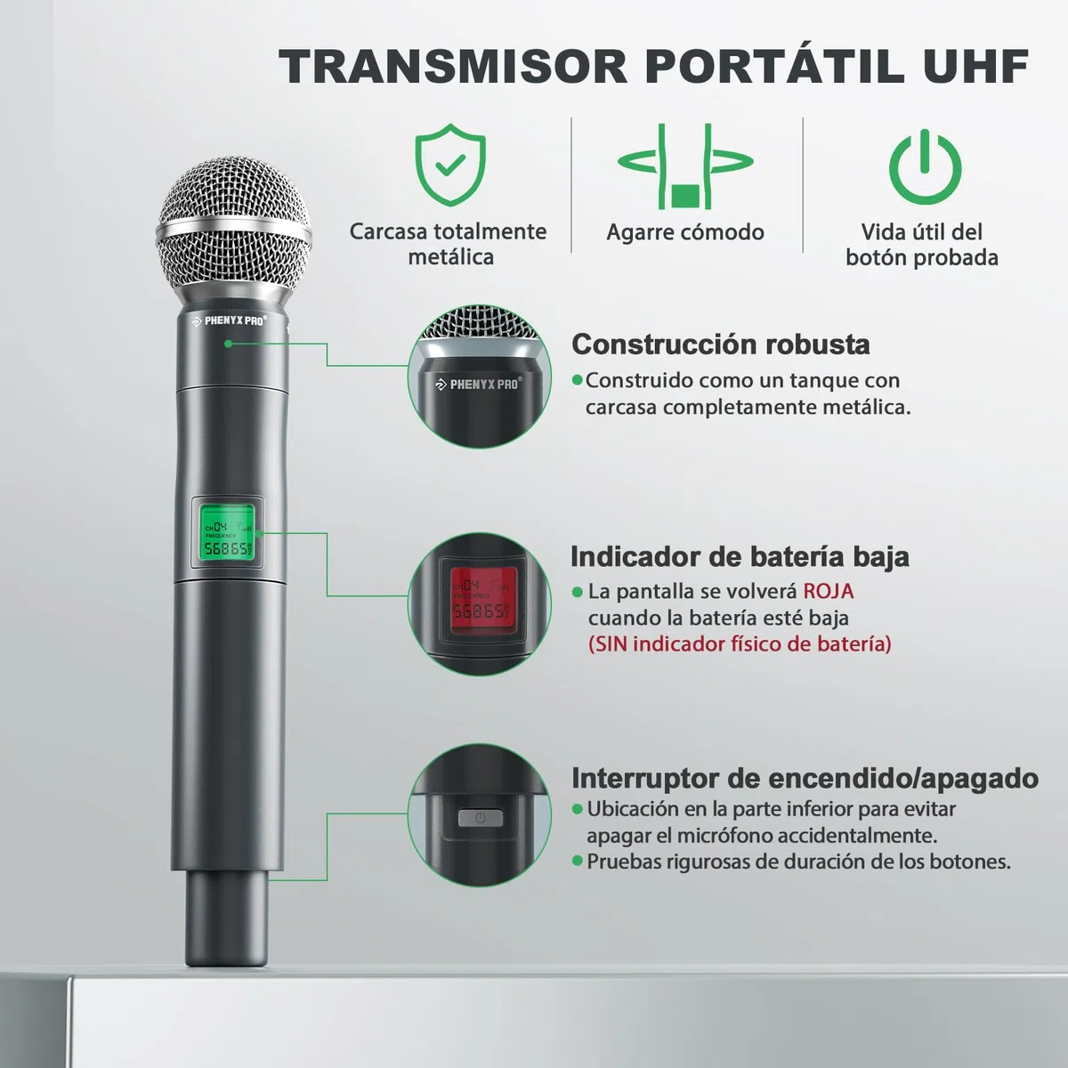 Phenyx Pro 4-Canales UHF Sistema de Micrófono Inalámbrico de Metal, de Frecuencia Fija con 4 Micrófonos Dinámicos de Mano, Alcance de 260ft, para Cantar, Iglesia(PTU-5000-4H)