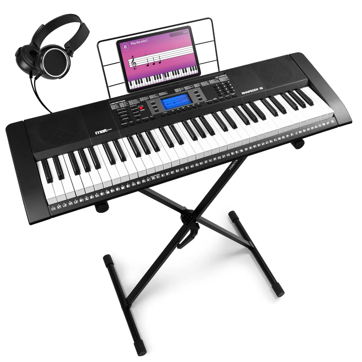 MAX Rhapsody61 - Piano eléctrico de 61 teclas para principiantes con función de aprendizaje, 300 sonidos, altavoces integrados, pantalla LCD, 50 canciones de demo, auriculares y soporte de teclado