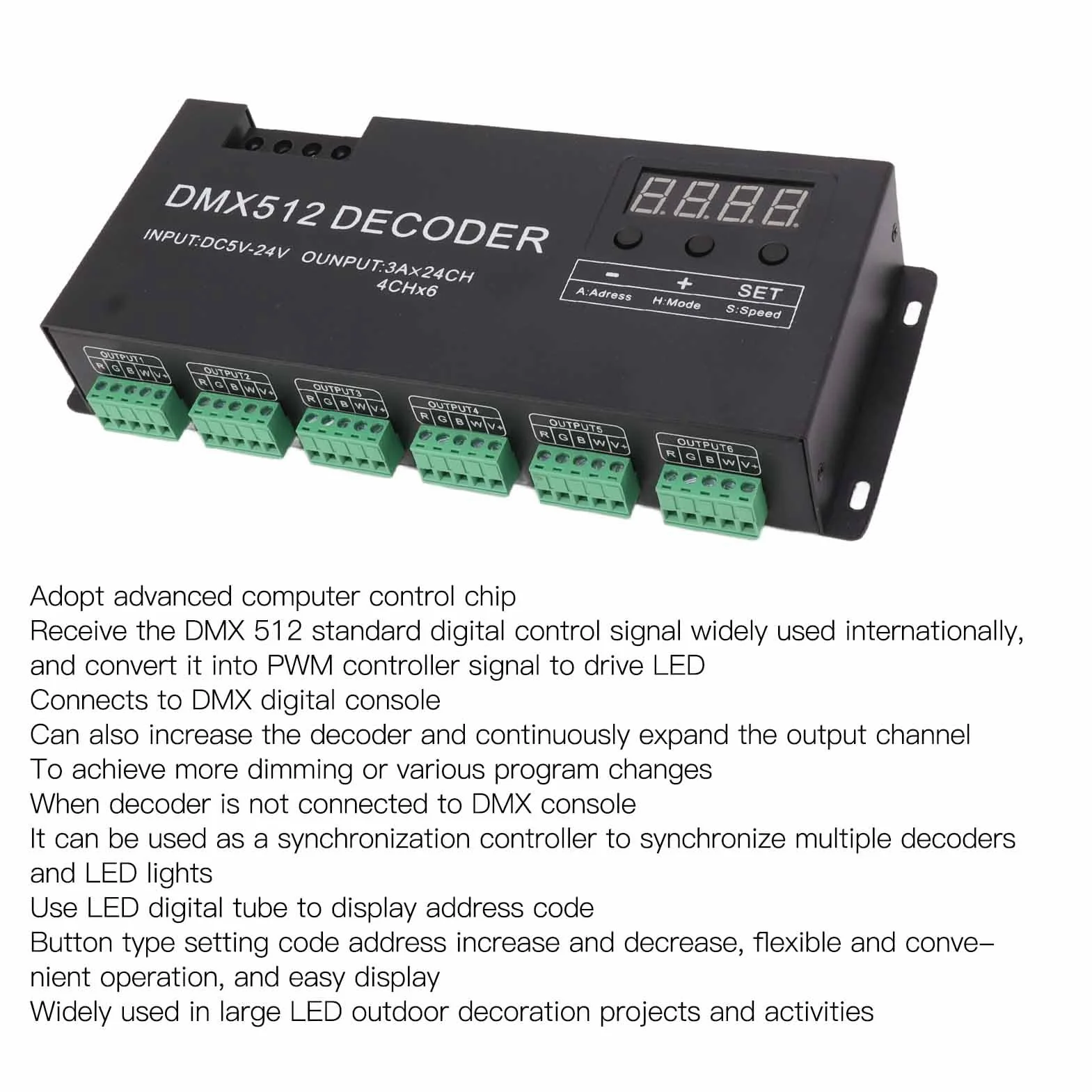 Fockety 24 canales DMX decodificador, RGBW DMX512 Controlador Led Decodificador Dimmer con pantalla digital, DC 5-24V de alta potencia sin parpadeos suave atenuación DMX Indicador de señal
