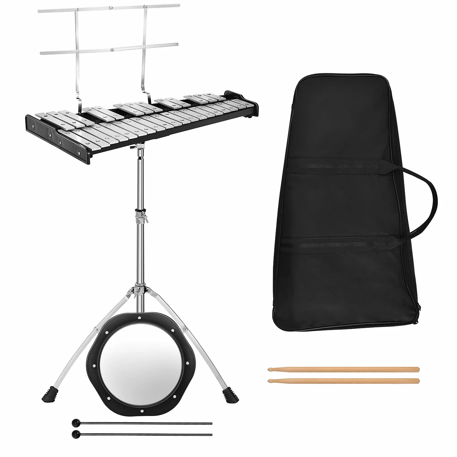 COSTWAY Xilófono de 32 Notas, Instrumento de Percusión Plegable con Soporte Ajustable, Atril, Panel de Práctica, Mazos de Campana, Baquetas de Madera, Juego de Xilófono con Bolsa de Transporte