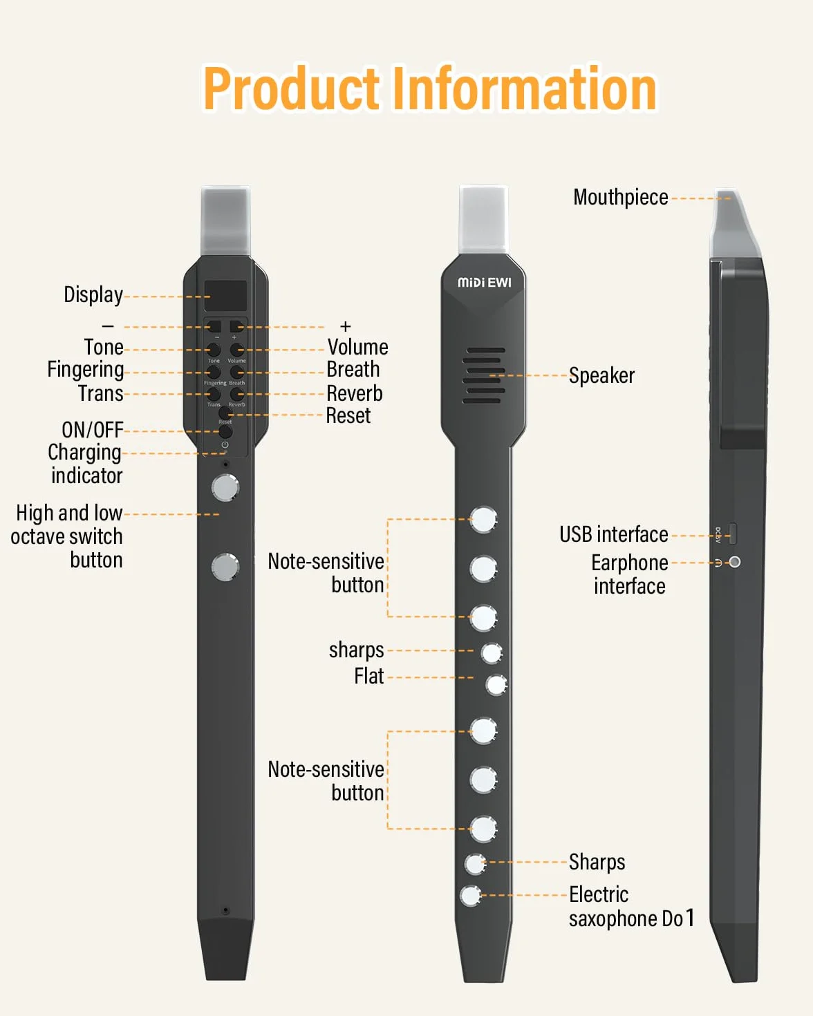Instrumento de viento digital, instrumento de viento eléctrico blanco compatible con MIDI Bluetooth boquilla extraíble y cable de alimentación, 10 tonos de instrumentos musicales incorporados