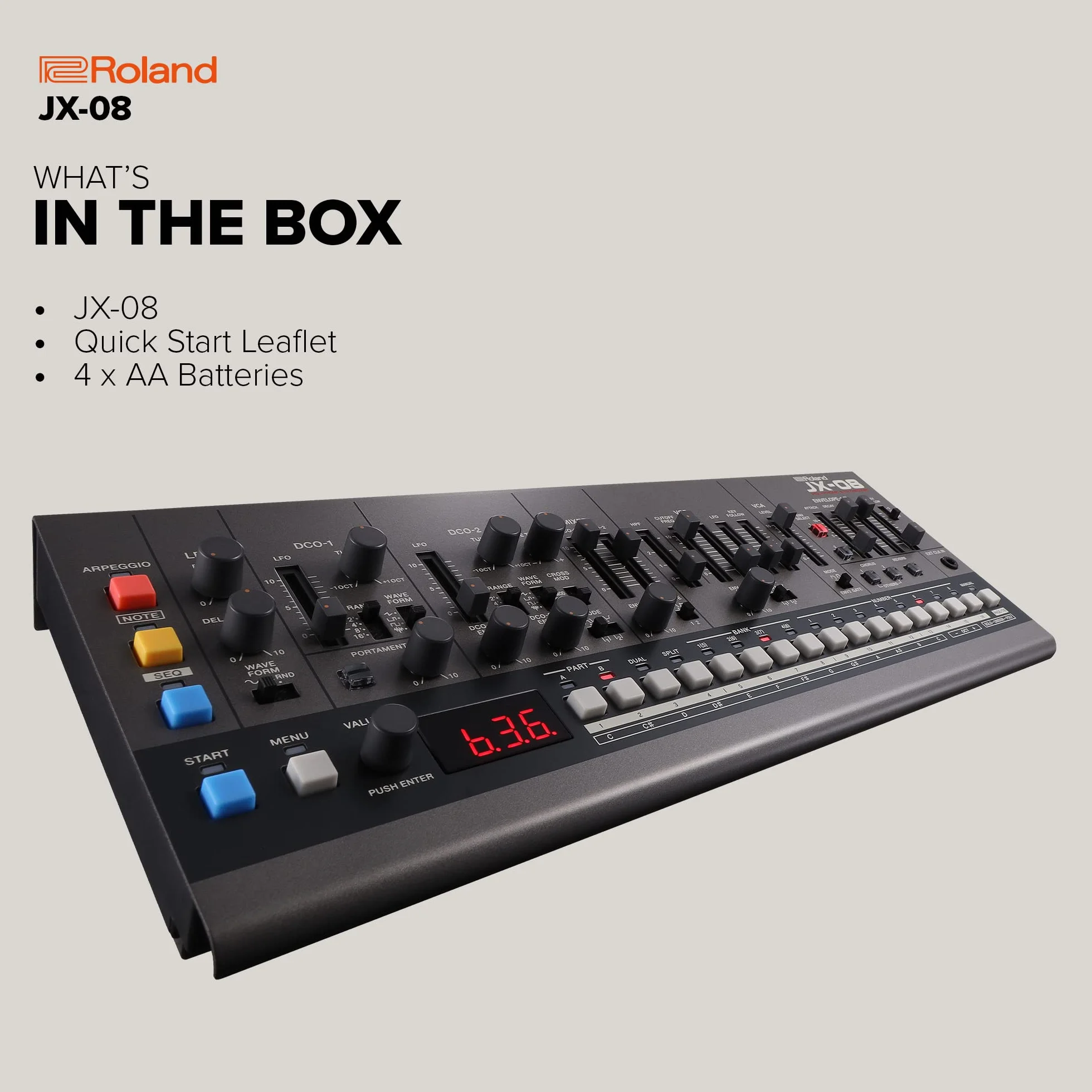 Sintetizador Boutique y módulo de sonido Roland JX-08 – Reedición moderna y compacta del mítico Roland JX-8P de 1985 con nuevos efectos, secuenciador polifónico y más – Ligero, portátil