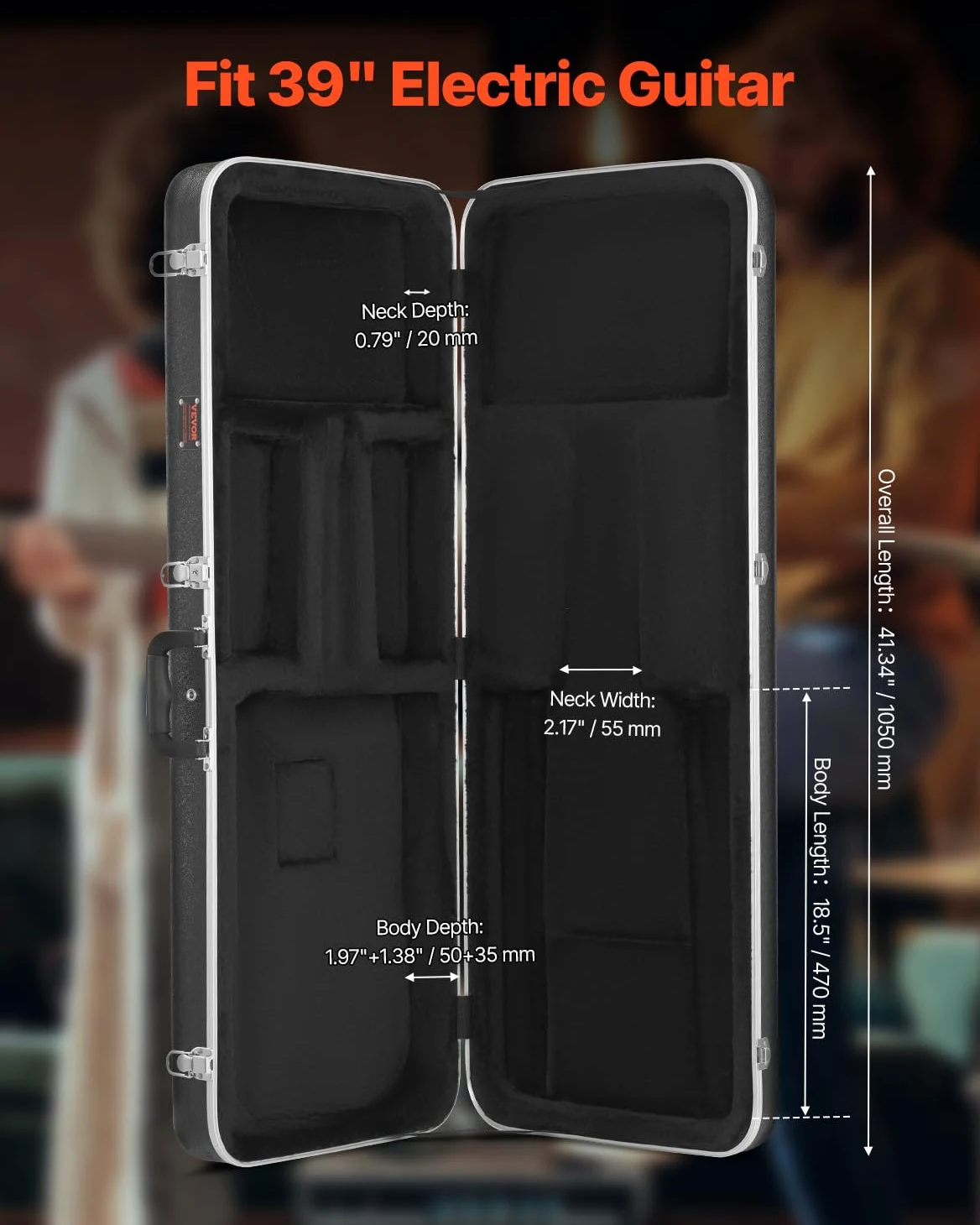 VEVOR Estuche Rígido Rectangular para Guitarra Eléctrica con Cerradura, Pestillo y Asa con Llave, Acolchado ABS Grueso, Forro Suave, Resistente al Agua, Estuche para Guitarra Eléctrica de 39", Negro