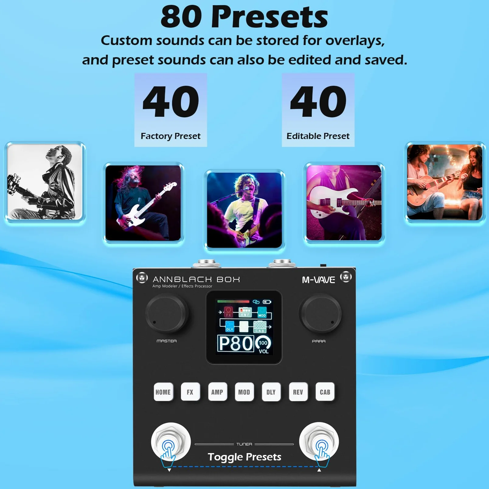 M-VAVE ANN Caja de Pedal Negra Multiefectos para Guitarra - 80 Presets Editables Con APP Crea Tus Parámetros Batería Integrada