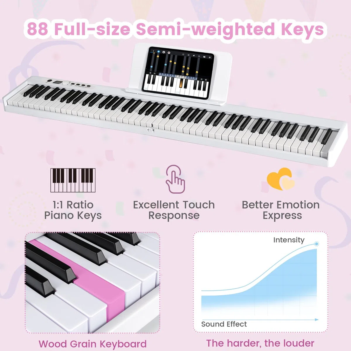 KOMFOTTEU Piano Digital 88 Teclas, Teclado de Piano Electrónico Plegable, Piano Digital Multifuncional para Principiantes con Pedal de Sostenimiento, 126 x 30 x 22,5 cm (Blanco)