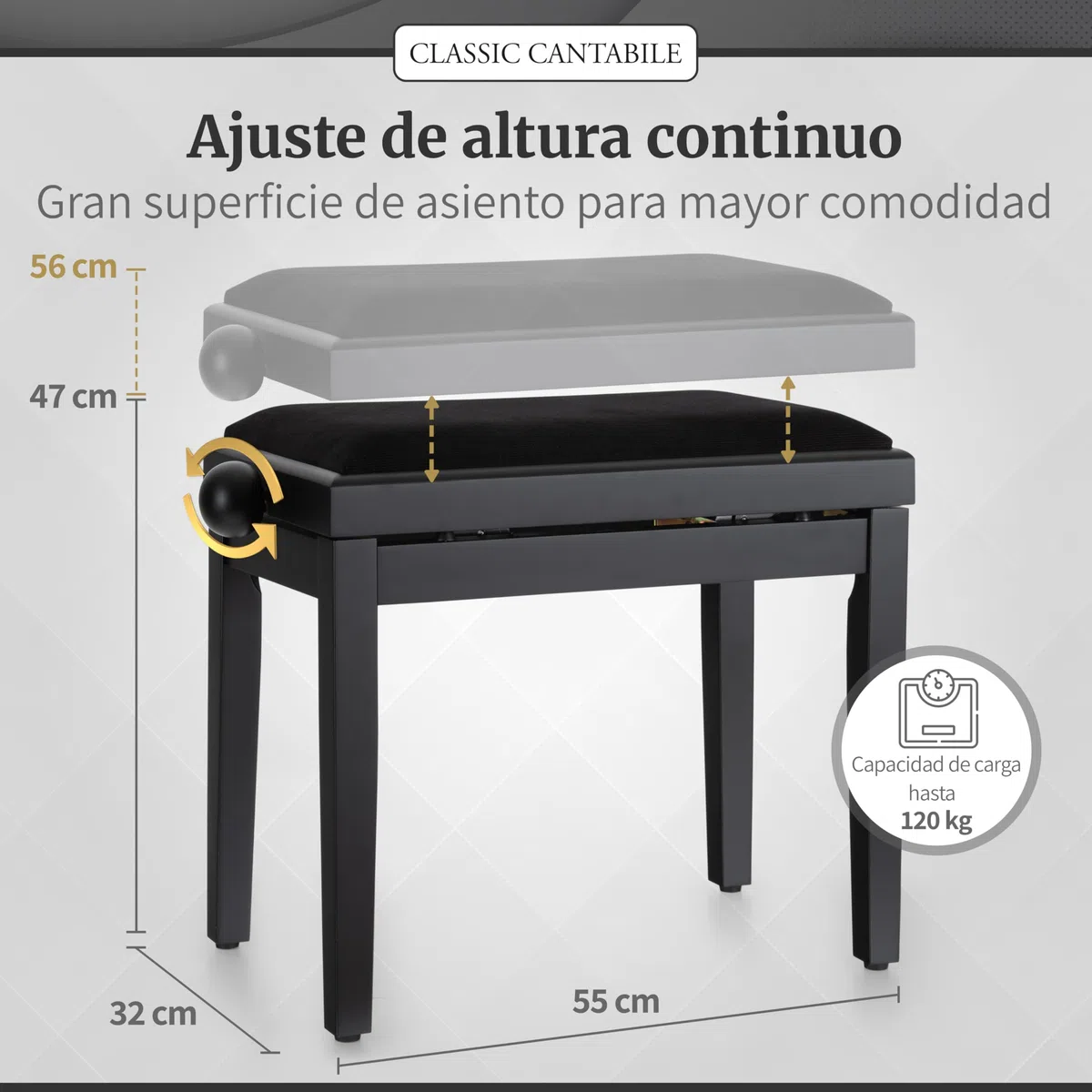 Classic Cantabile Banqueta para Piano Negro Mate - Altura Regulable de 47-56cm - Banco con Mecanismo de husillo - Asiento de Taburete 55 x 32cm - Silla con Funda de Terciopelo, Estable