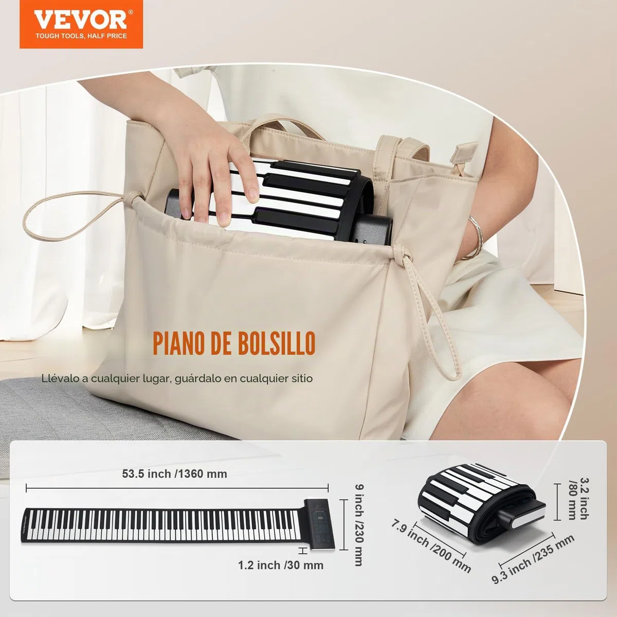 VEVOR Teclado Piano Enrollable 88 Teclas 128 Ritmos 128 Tonos Piano Digital Portátil Recargable con Altavoz 2W Pantalla LED 5 Puertos Función MIDI para Niños, Principiantes, Adultos, Negro