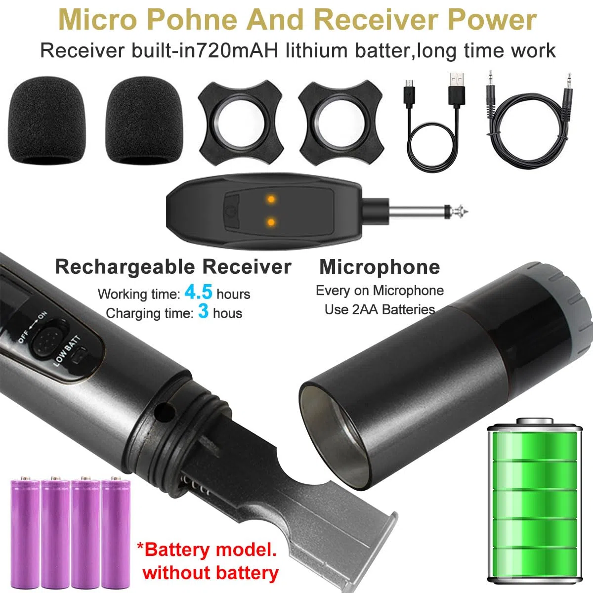 ALPOWL Micrófono inalámbrico, Sistema de micrófono dinámico inalámbrico Dual UHF, micrófono de Karaoke de Mano con Receptor Recargable para Cantar, Iglesia, discurso, Boda, Fiesta