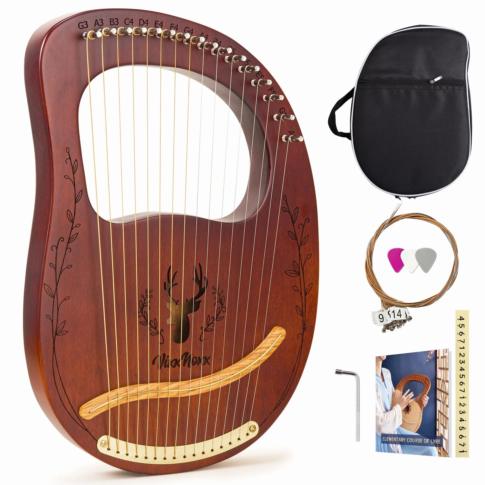 Arpa de lira, 16 cuerdas de metal de caoba, arpa de lyra, instrumentos musicales de cuerda con llave de afinación, juego de cuerdas de repuesto, libro manual