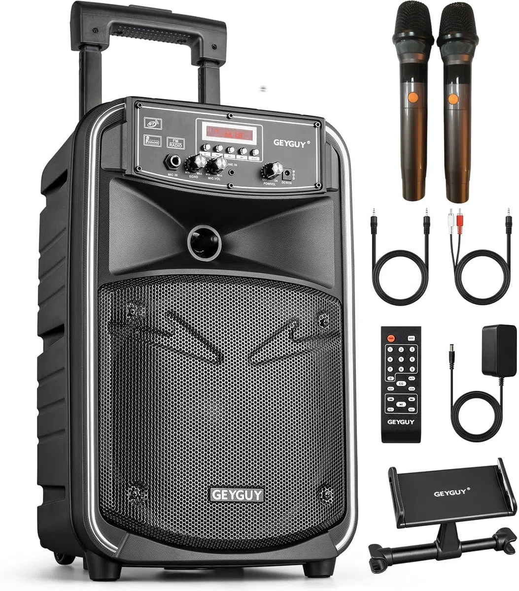 Karaoke con 2 Microfonos inalambricos, Portátil Altavoz Karaoke con 2 Microfono, Karaoke Profesional Grande Altavoz Bluetooth Potente Soporte USB,SD, MP3, FM, AUX,Mando a Distancia – GTSK8-2