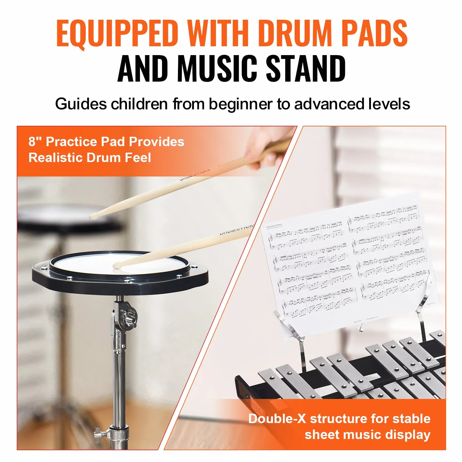 VEVOR Kit de Campana de Xilófono Glockenspiel de 30 Notas Instrumento de Percusión con Mazos, Baquetas, Atril, Almohadilla de Práctica, Soporte Ajustable y Bolsa de Transporte para Estudiante, Adulto