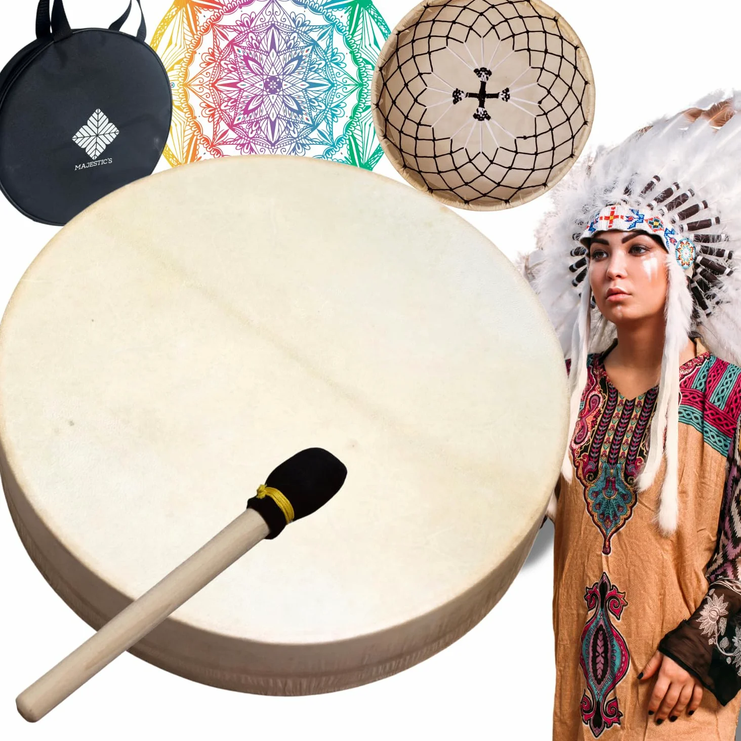 Tambor Chamánico Nativo de Madera y Piel de Cabra 30 cm, hecho a mano, para Rituales Chamánicos y Meditación + Mailloche
