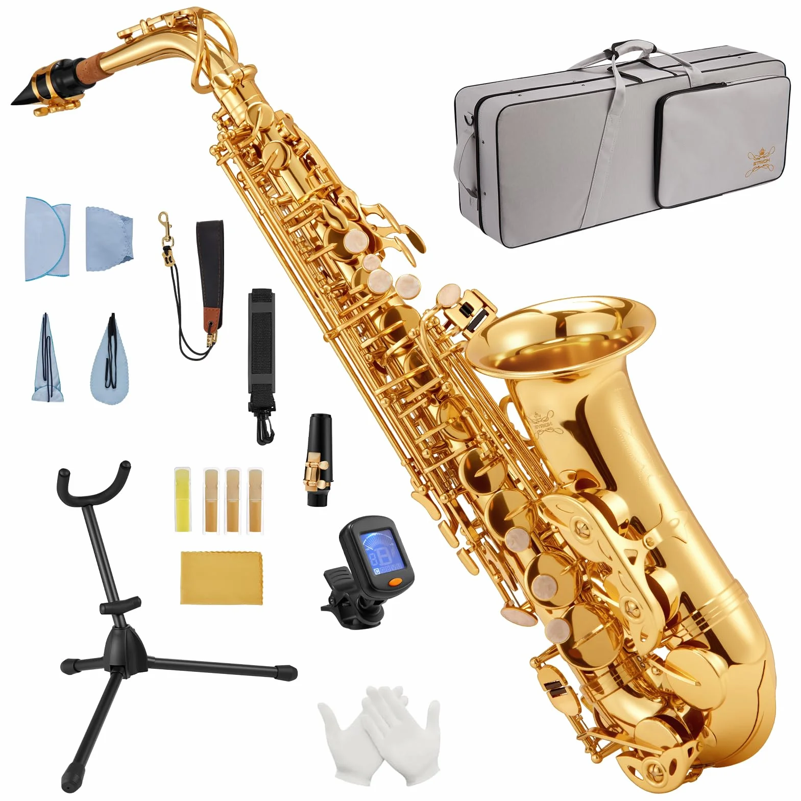 STRICH Kit de saxofón alto en Mi bemol para estudiantes principiantes, con correa para el cuello, boquilla y lengüetas, ideal para la banda del colegio y para practicar en casa, SSA-31G, dorado