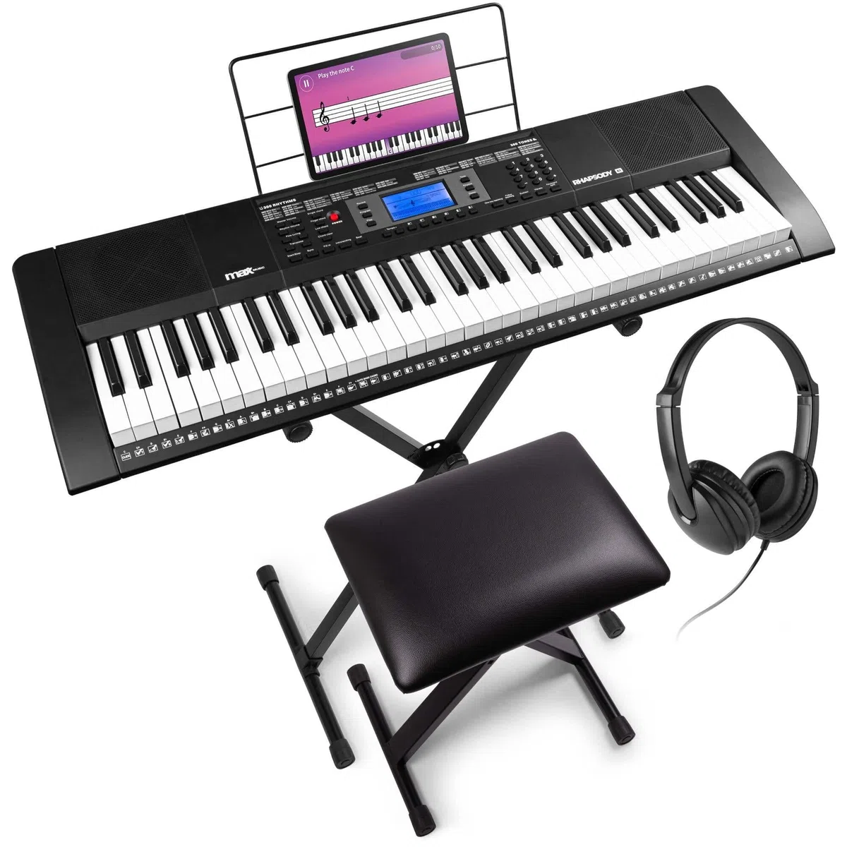 MAX Rhapsody61M Teclado Piano eléctrico de 61 teclas, con auriculares, soporte para teclado y banqueta, 600 sonidos, respuesta táctil, MP3 USB, pantalla, función de aprendizaje, MIDI y AUX