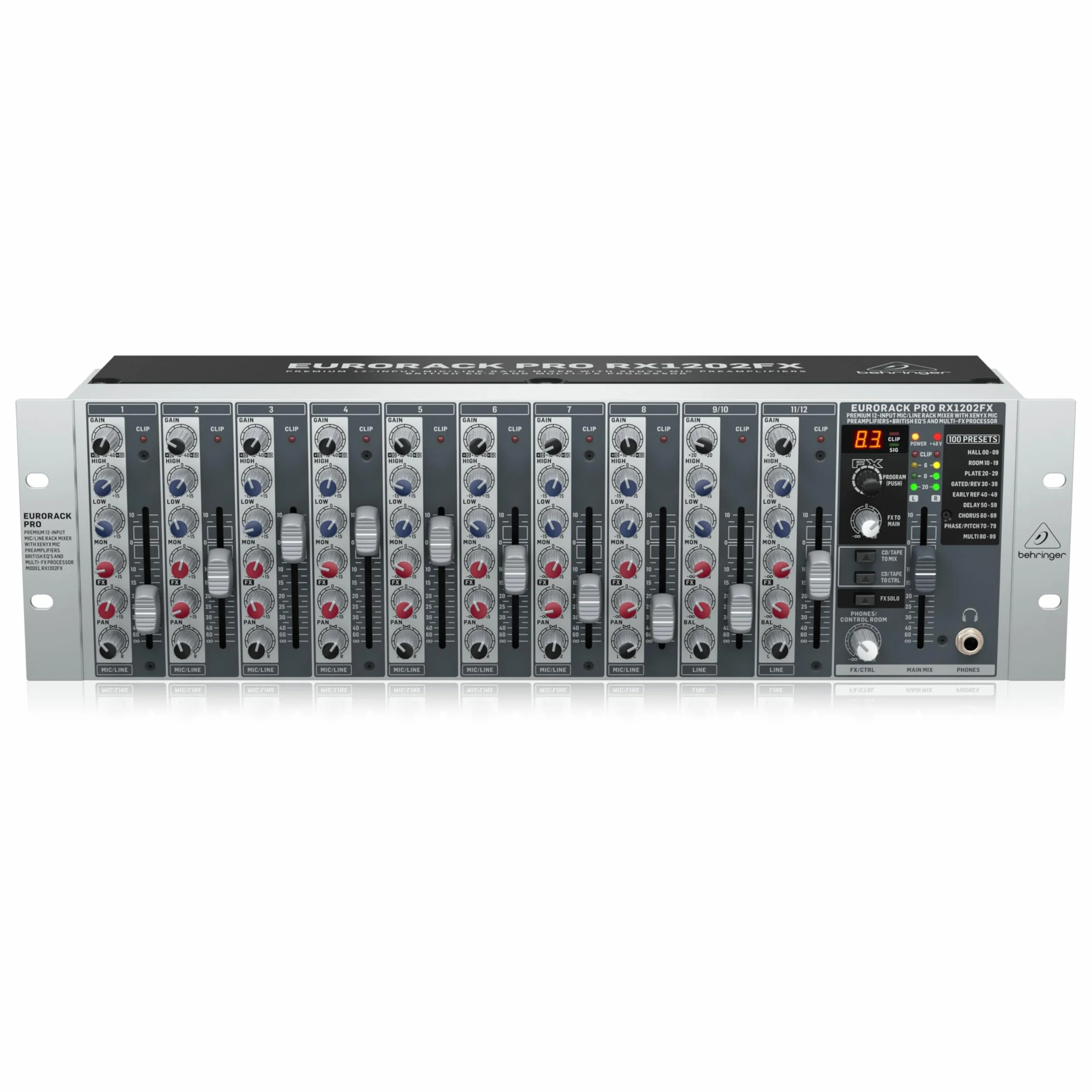 Behringer RX1202FX Premium Mezclador de rack de 12 entradas de micrófono/línea con preamplificadores de micrófono XENYX, ecualizadores británicos y procesador Multi-FX