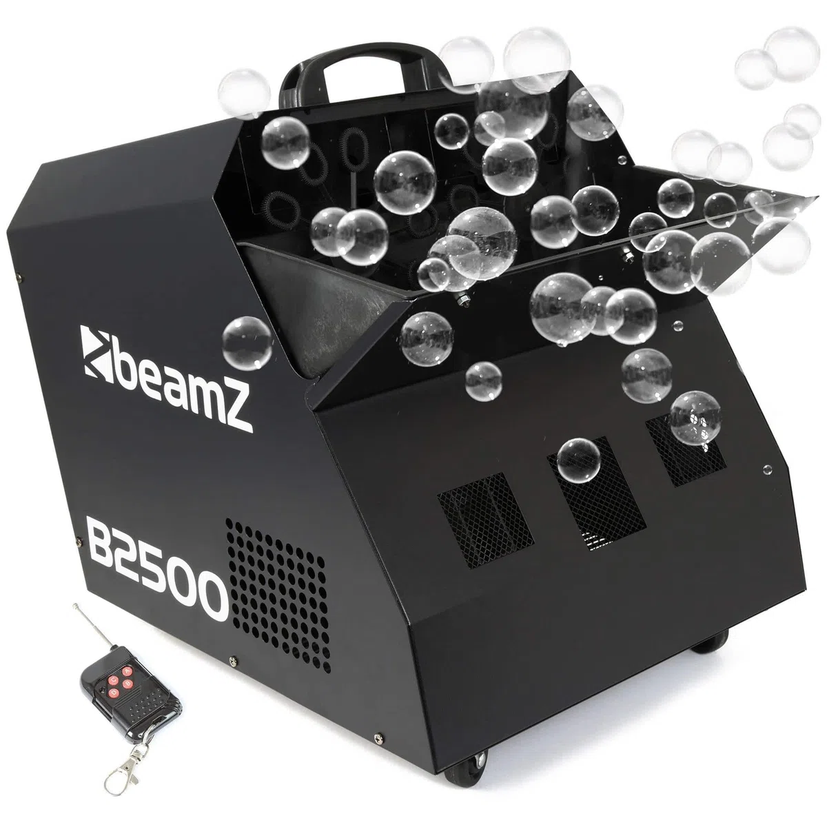 Beamz B2500 Maquina de burbujas Doble Pompero con mando a distancia para burbujas de jabón grandes (2 ruedas de burbujas, 2 potentes sopladores, funcionamiento a la red eléctrica) Bubble machine