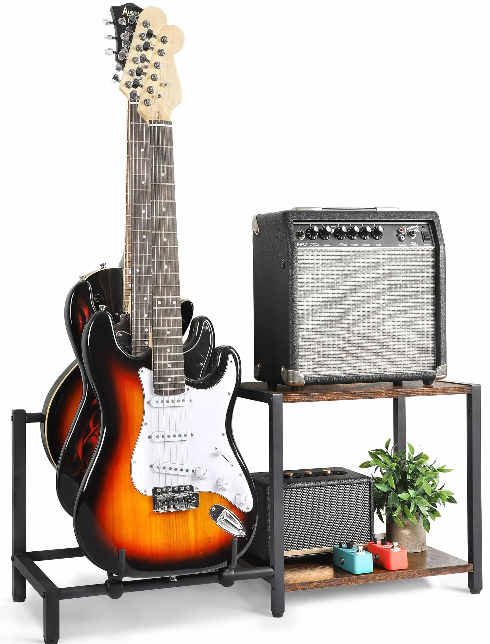 Soporte de Guitarra,Guitarra Bajo Eléctrico de 3 Soportes con Soporte de Amplificador de Guitarra, Soporte de Guitarra Ajustable, Estante de Guitarra para Múltiples Guitarras y Accesorios de Guitarra