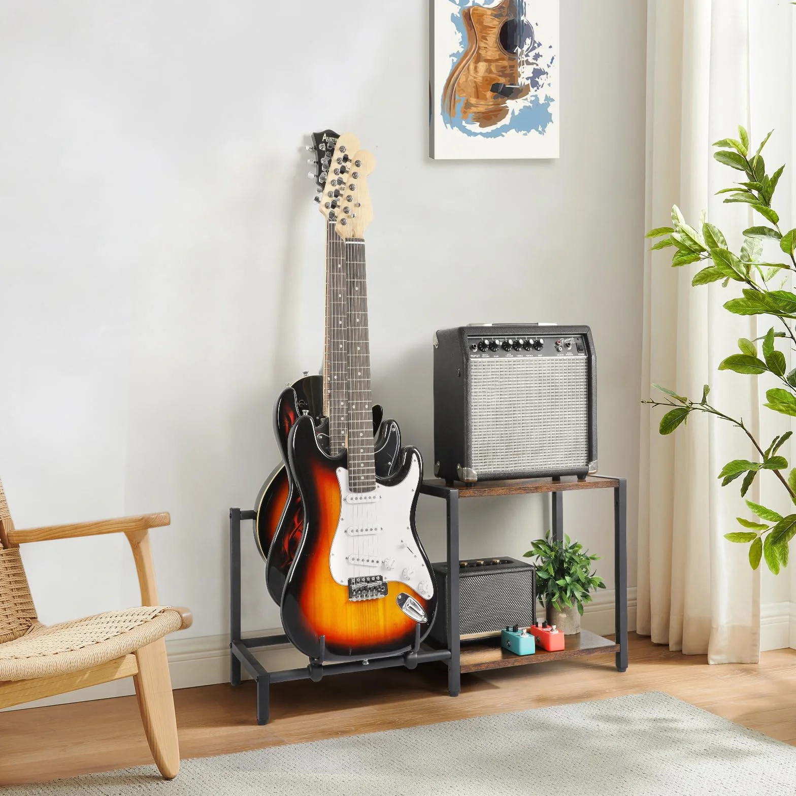 Soporte de Guitarra,Guitarra Bajo Eléctrico de 3 Soportes con Soporte de Amplificador de Guitarra, Soporte de Guitarra Ajustable, Estante de Guitarra para Múltiples Guitarras y Accesorios de Guitarra