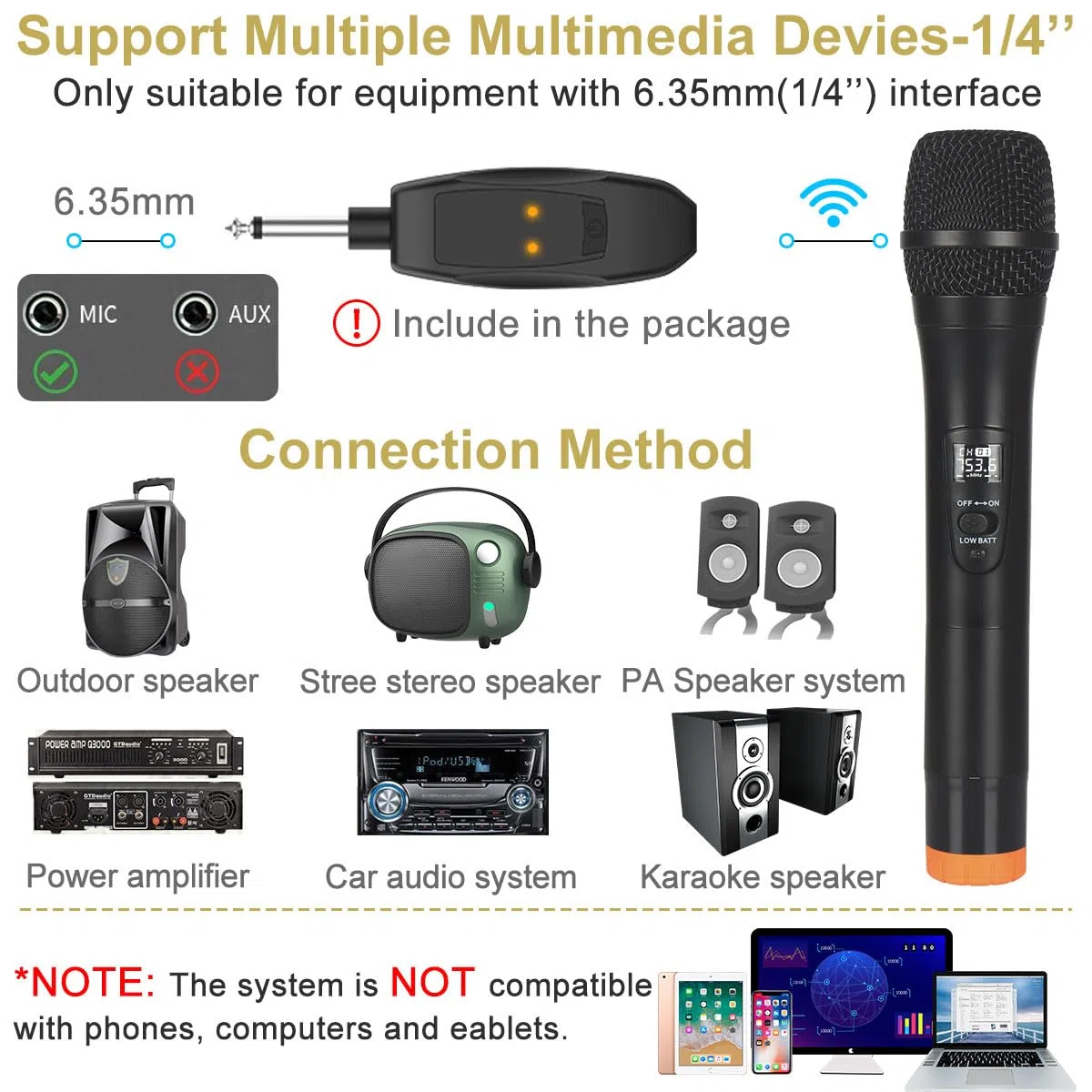 ALPOWL Micrófono inalámbrico, Sistema de micrófono dinámico inalámbrico Dual UHF, micrófono de Karaoke de Mano con Receptor Recargable para Cantar, Iglesia, discurso, Boda, Fiesta