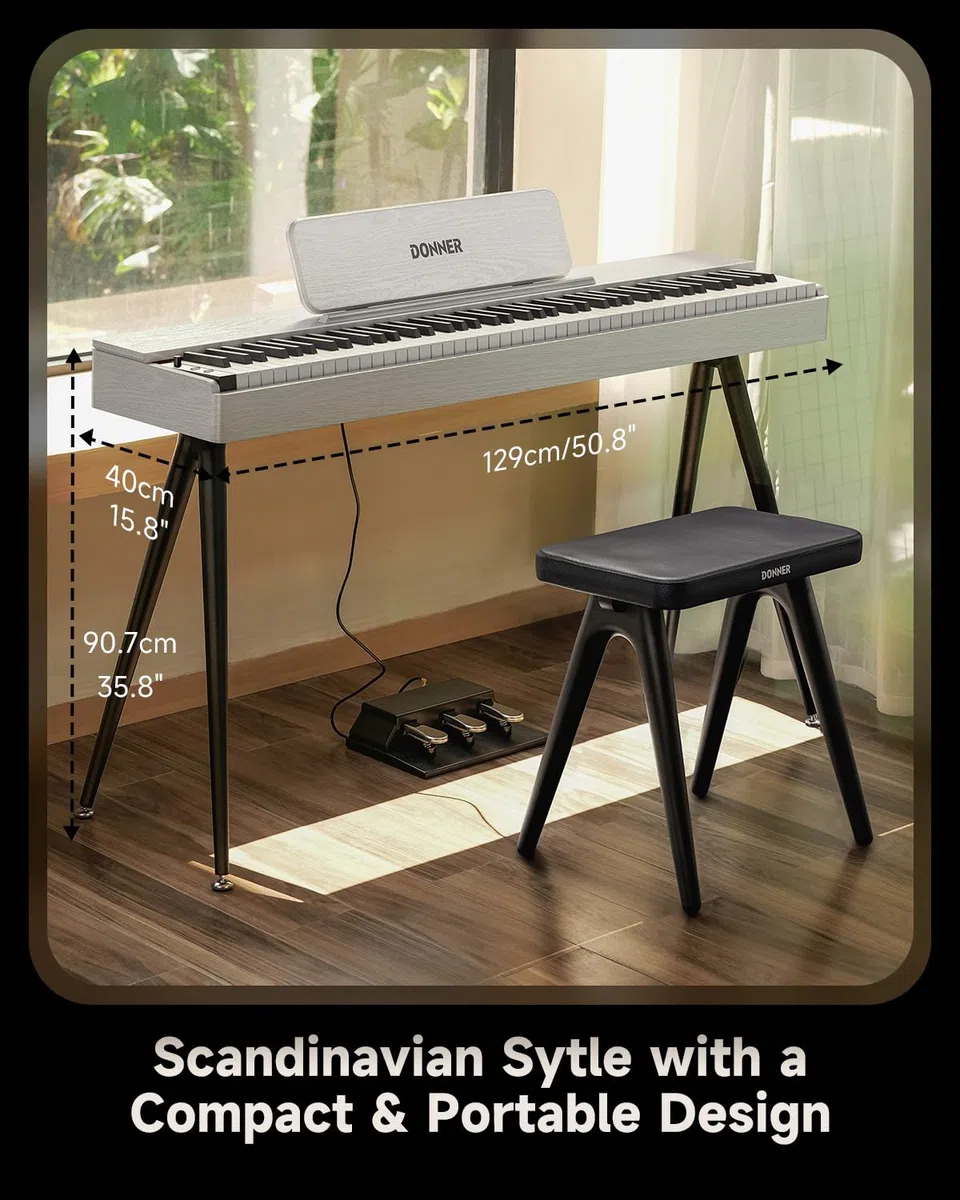 Donner OURA S100 88 Teclado Piano Ponderado con 3 Canciones Demo, 15 Tonos, Bluetooth Audio/MIDI, Piano Digital para Casa para Principiantes, Avanzados, Blanco