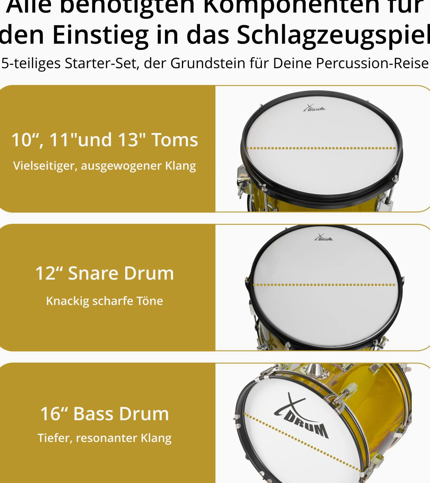 XDrum Junior Pro Batería Infantil Sunset Gold Sparkle - adecuada para 5-9 años - Set de batería con accesorios completos - incl. escuela - Naranja