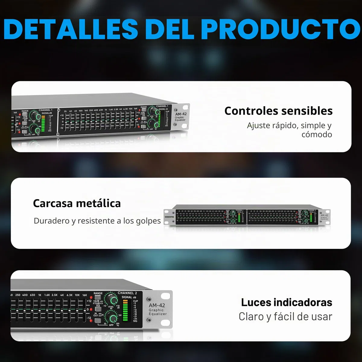 Ecualizador gráfico estéreo con ecualizador de 15 bandas para sistema de audio doméstico, ecualizador de DJ de doble canal con salida de subwoofer y reducción de ruido