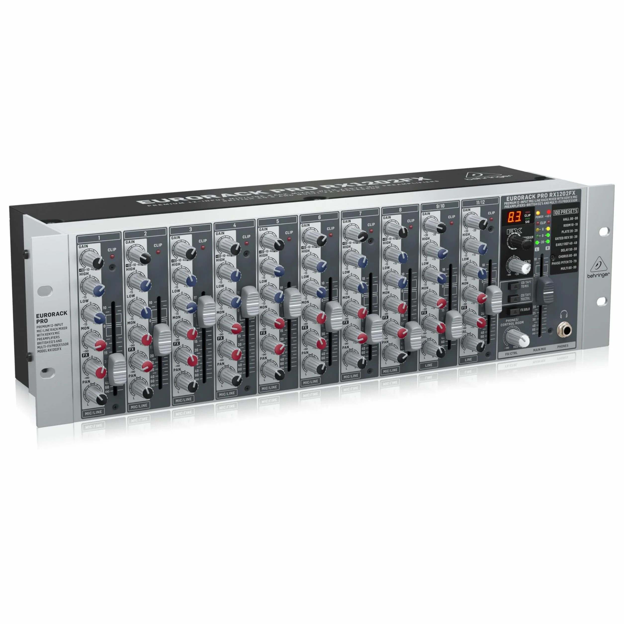 Behringer RX1202FX Premium Mezclador de rack de 12 entradas de micrófono/línea con preamplificadores de micrófono XENYX, ecualizadores británicos y procesador Multi-FX