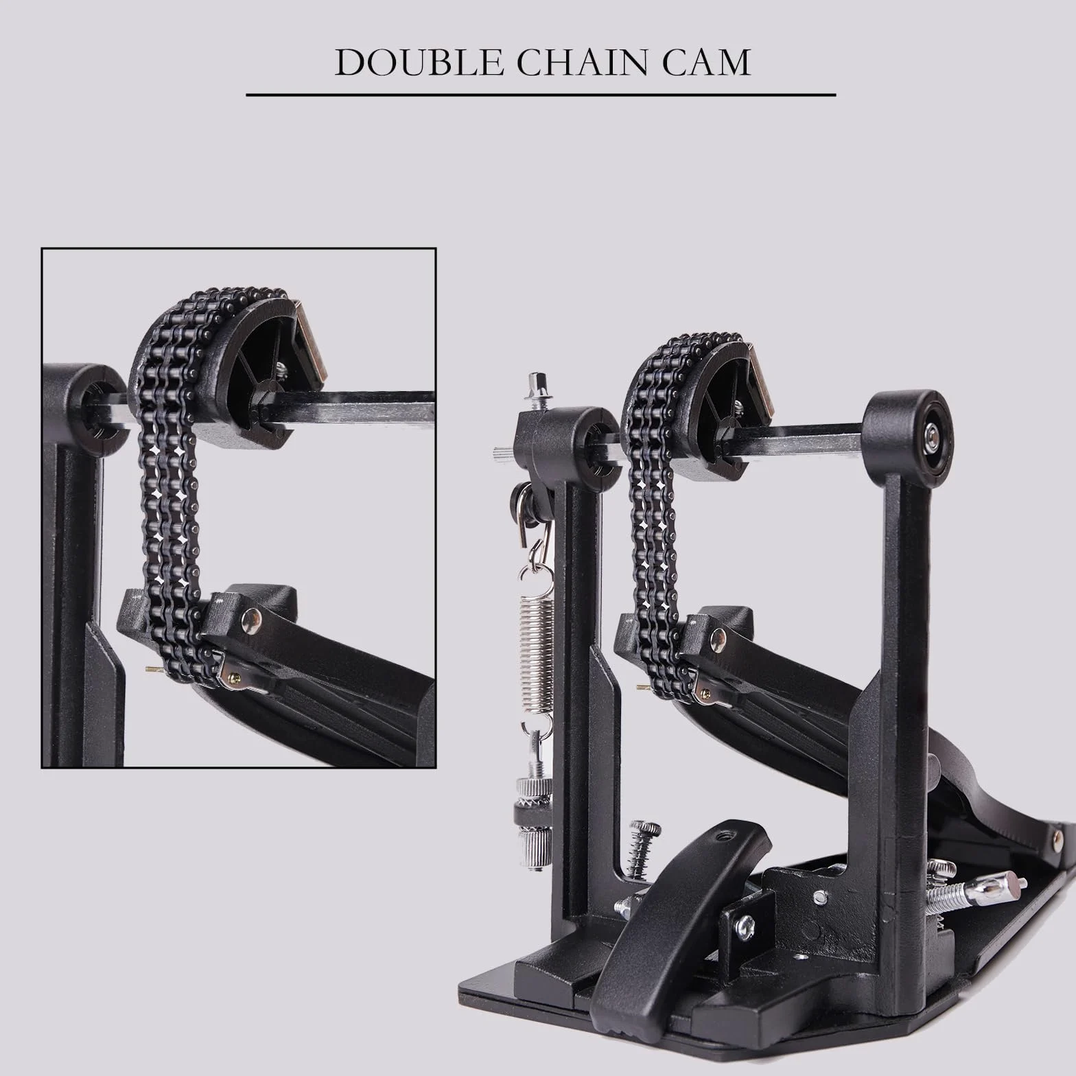 Doble pedal bombo，pedal de bombo doble con doble cadena, accesorios de percusión profesional (V-YQ09)
