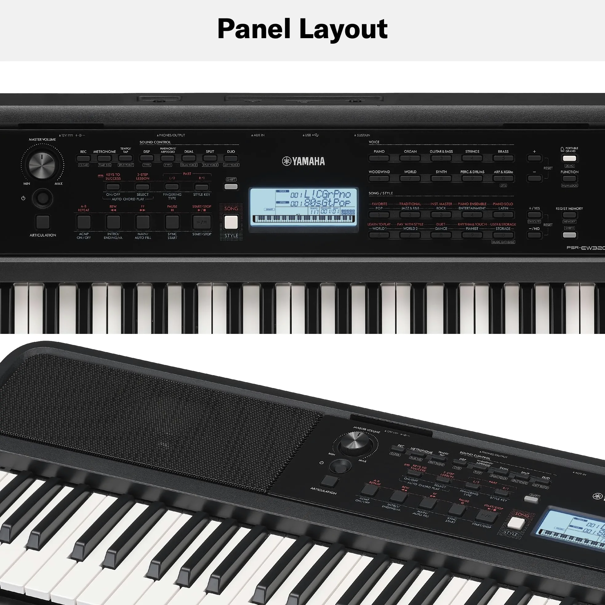 Yamaha PSR-EW320 Teclado portátil para principiantes, 650 voces de instrumentos auténticos y 76 teclas sensibles a la pulsación con polifonía de 48 notas, incluye 2 clases online