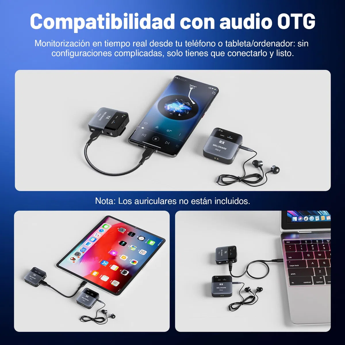 MELONARE PM-2 - Sistema de monitor inalámbrico portátil con funda de carga, transmisor y receptor de audio inalámbrico, audio de 24 bits/48 kHz, entrada OTG, interruptor overol/estéreo, IEM para