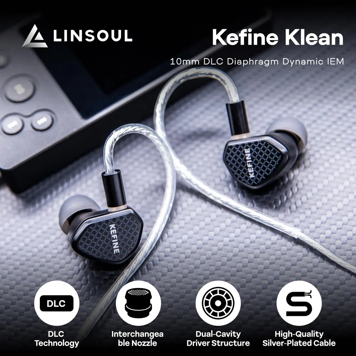 Linsoul Kefine Klean In Ear Monitor,Auriculares con Driver Dinámico Diafragma DLC 10mm,Audífonos para Juegos,Boquillas Reemplazables,Cable Plateado Desmontable para Audiofilos(Sin Mic 3.5mm)