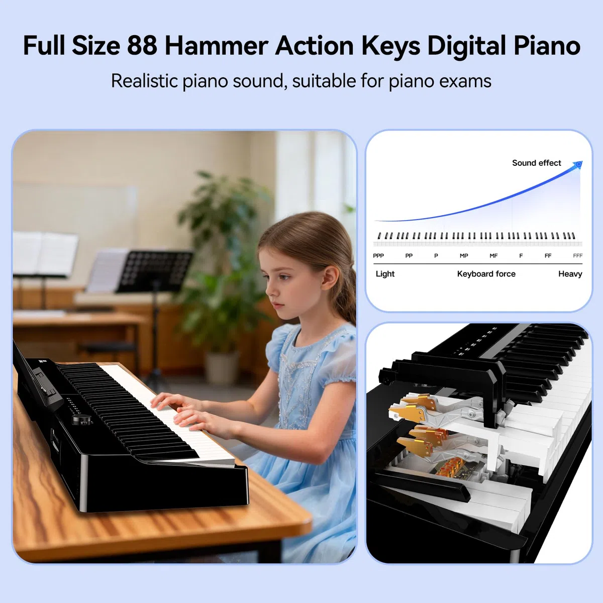 TERENCE V70 Piano Eléctrico 88 Teclas Contrapesadas Piano Digital con 4 Altavoces 20W×2+5W×2 –Incluye Funda y Auriculares – Ideal para Exámenes y Estudio – Negro Brillante