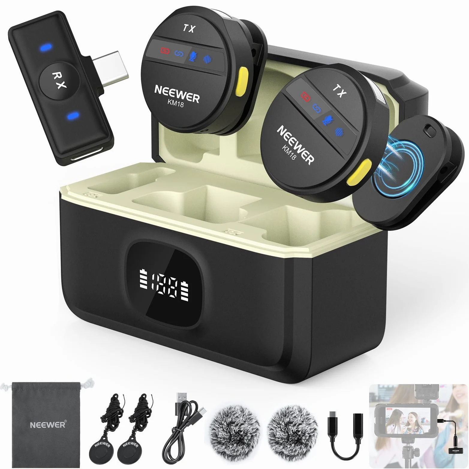 NEEWER Micrófono Lavalier Inalámbrico para iPhone Mini Mic Solapa Set Cancelar Ruido y Estuche de Carga USB C OTG Batería 24H 200m Alcance Compatible con iPhone 16 15 Android PC Portátil, KM18