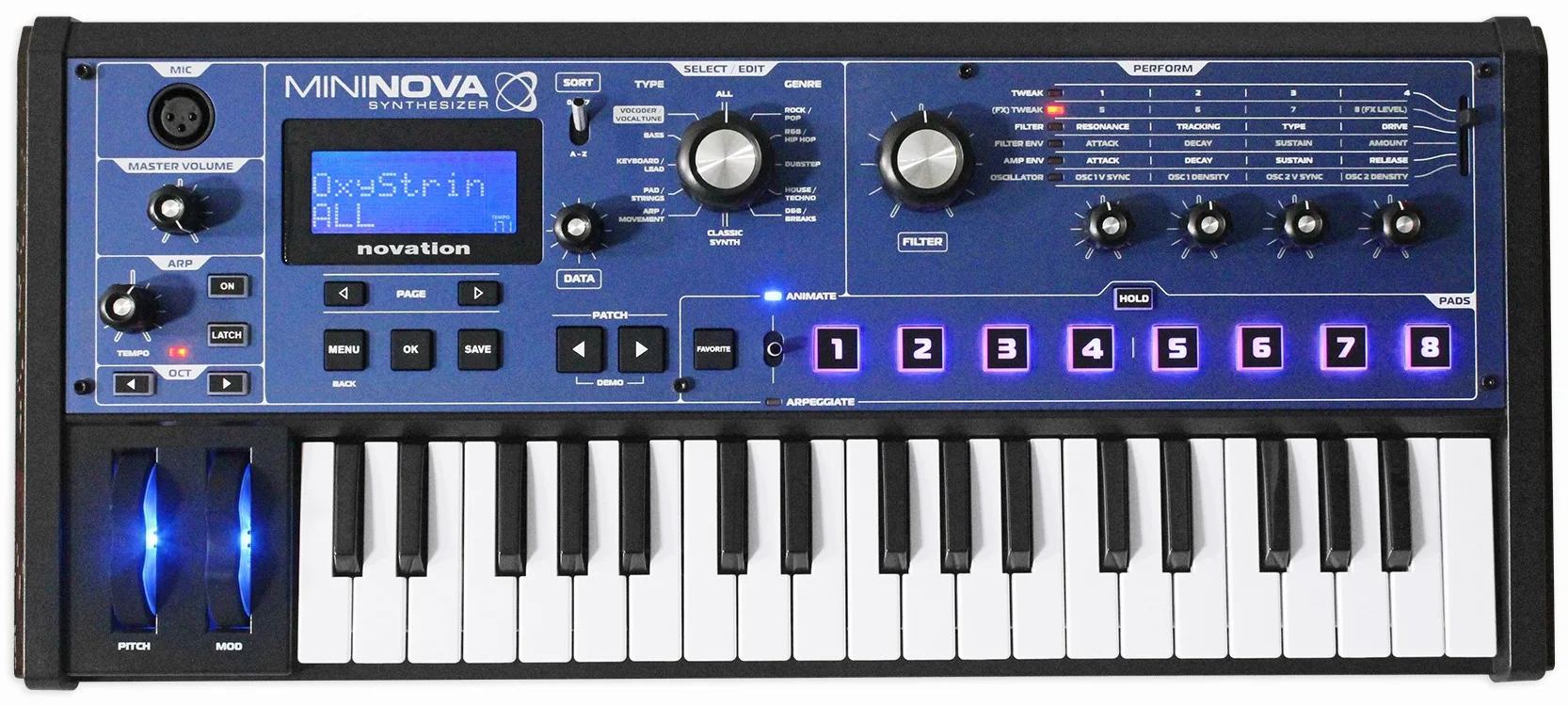 Novation Sintetizador compacto de modelado analógico MiniNova con 37 miniteclas de Novation. Potente, compacto y fuerte, con vocoder de corrección del tono, 256 sonidos incluidos y 5 efectos por capa de voz