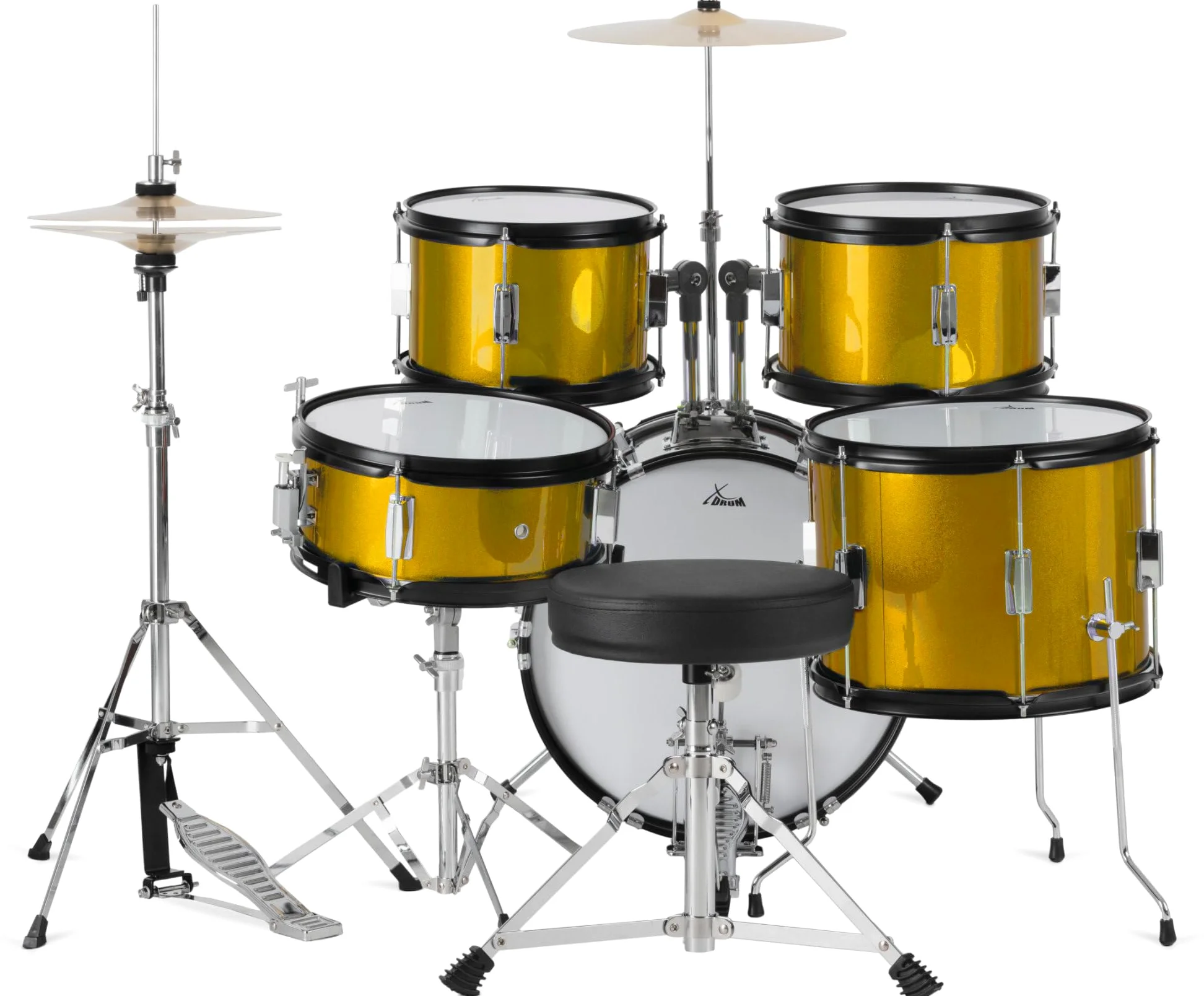 XDrum Junior Pro Batería Infantil Sunset Gold Sparkle - adecuada para 5-9 años - Set de batería con accesorios completos - incl. escuela - Naranja