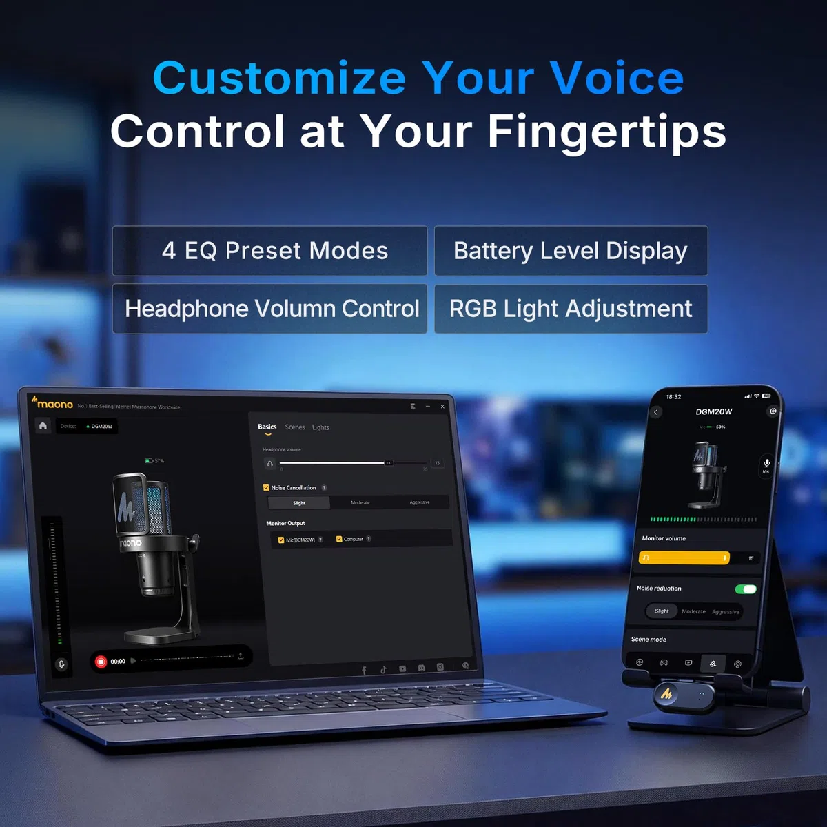 MAONO DGM20WS Micrófono Inalámbrico para PC, Micrófono USB de Condensador con Brazo para Gaming y Streaming, Reducción Ruido Táctil, Mute Rápido, Control Ganancia, RGB, Compatible PS5 Twitch Discord