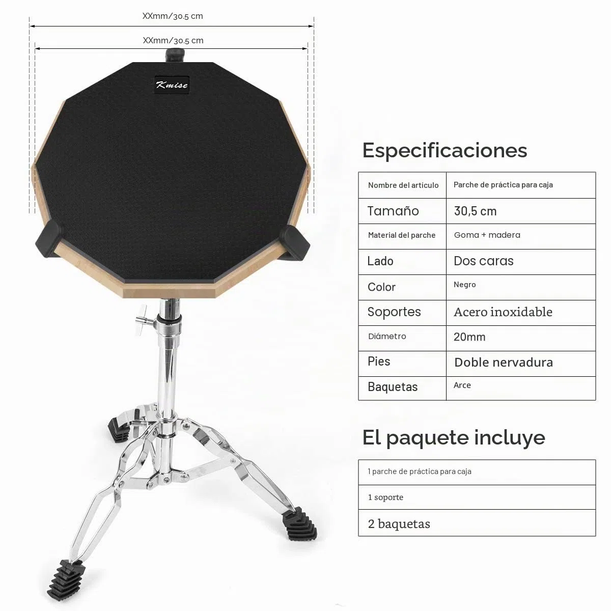 Kmise - Kit de entrenamiento de batería con soporte de caja y palillos (30,5 cm, silencio de doble cara, con soporte y palillos
