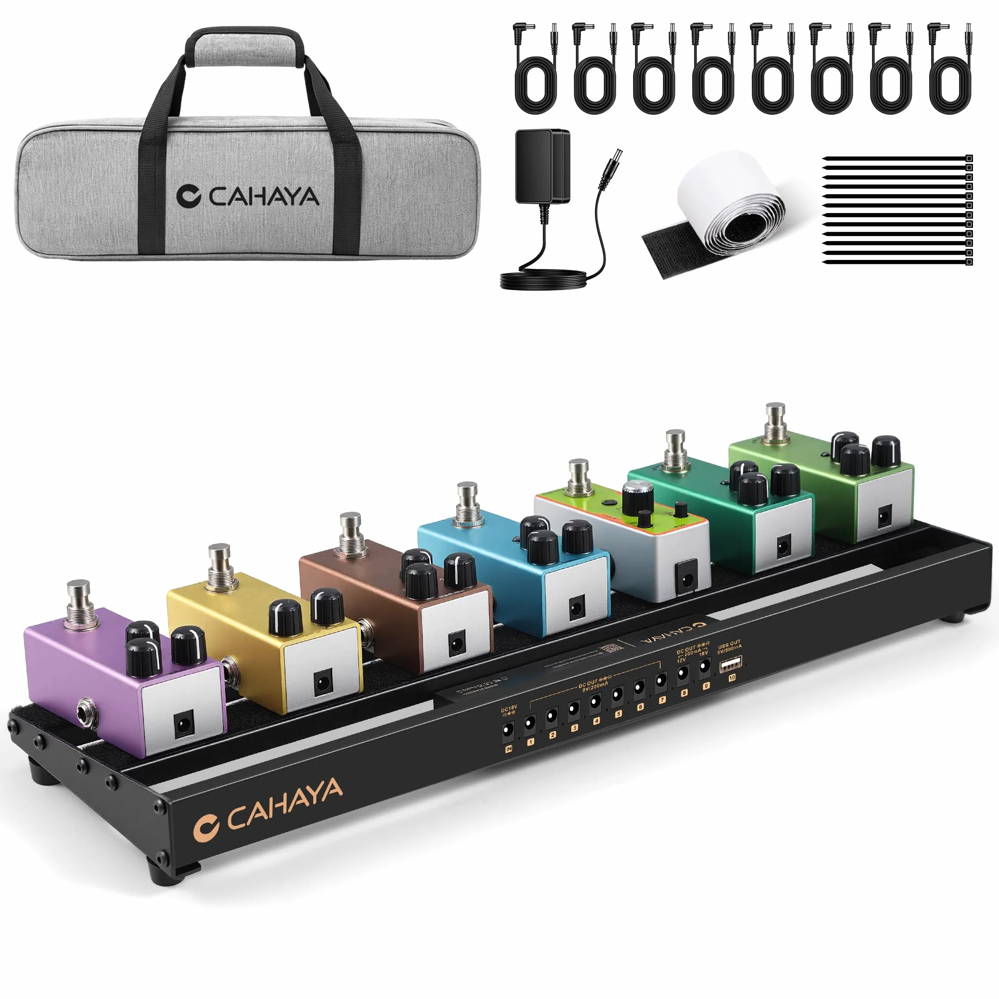 CAHAYA Pedalera para Guitarra con fuente de alimentación – Pedalboard de aluminio ligero con salida USB, bolsa, cables y adaptador de corriente para escenario y principiantes, 49×13 cm, 0,86 kg
