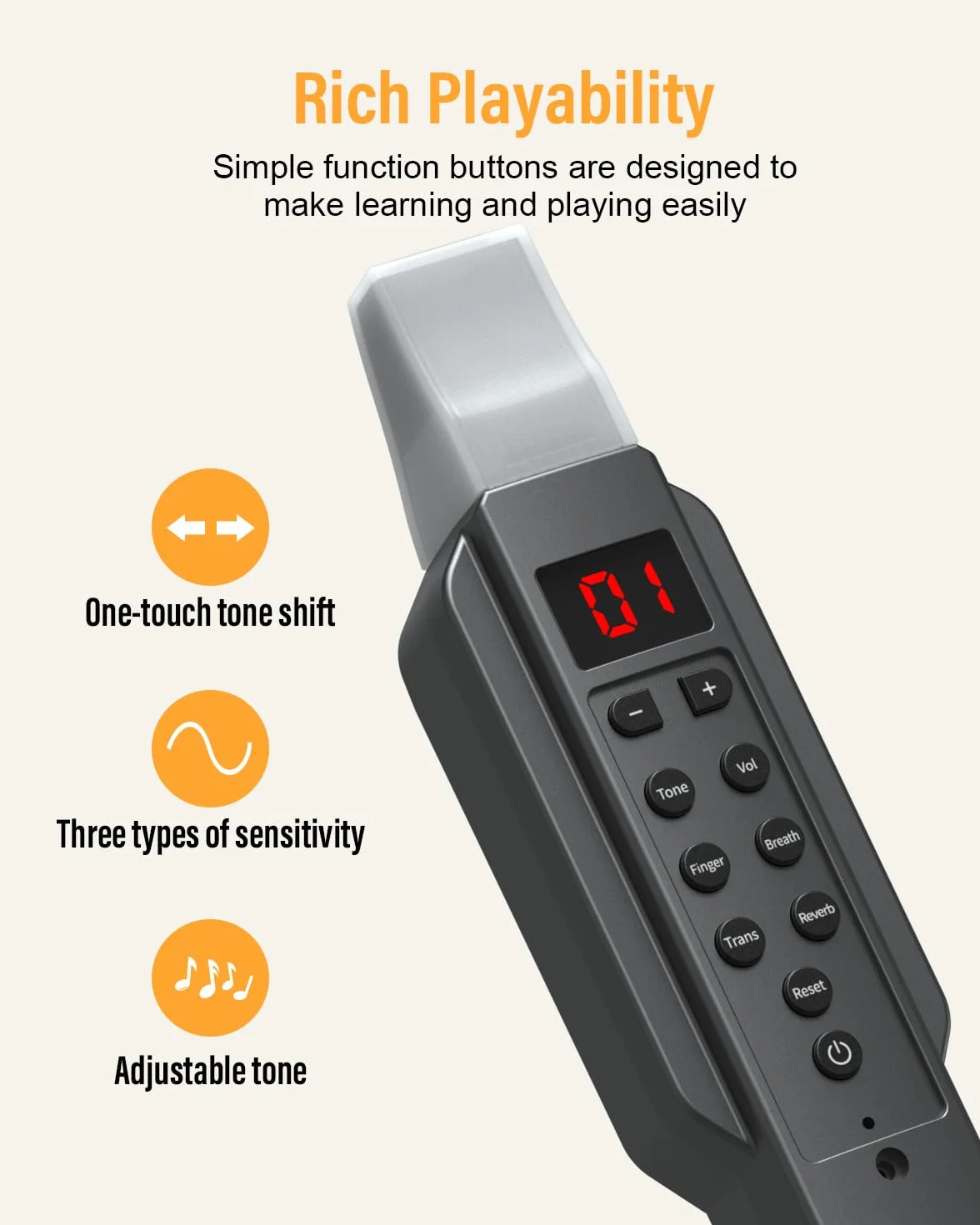 Instrumento de viento digital, instrumento de viento eléctrico blanco compatible con MIDI Bluetooth boquilla extraíble y cable de alimentación, 10 tonos de instrumentos musicales incorporados