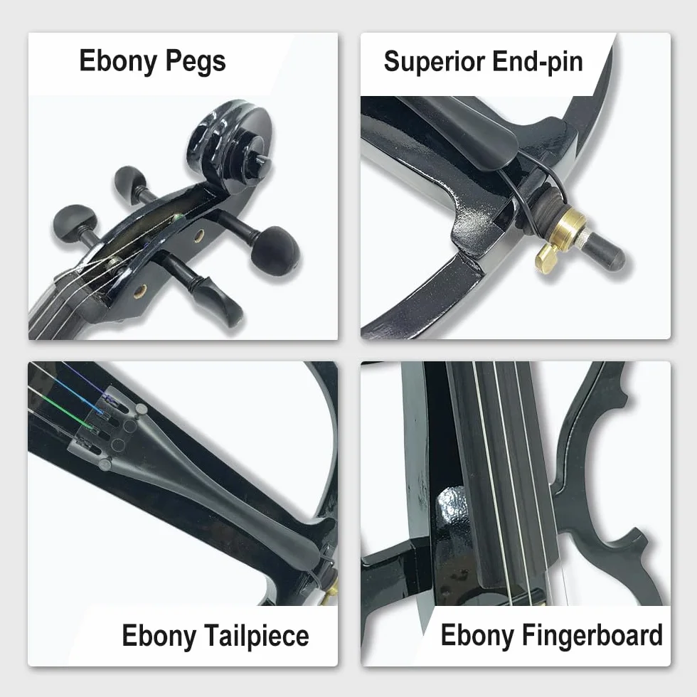 Juego de violonchelo eléctrico completo 4/4 para principiantes (incluye bolsa ligera, auriculares estéreo, lazo premium, puente, colofonia)