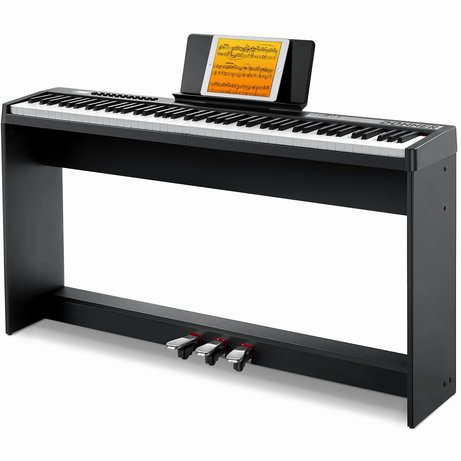 Donner Teclado de piano digital de 88 teclas sensibles a la velocidad con soporte extraíble, piano eléctrico compacto para principiantes con modo Split, pantalla LED y pedal triple, DEP-08